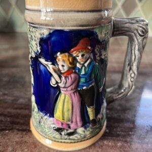 Colorful vintage Japanese Ceramic Beer Stein with Figures